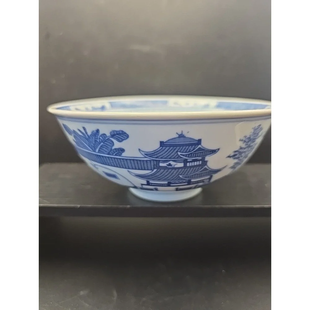 Chinese Fine Blue And White China Bowl W/ Chinese Payados, Mountains, Trees 6.5